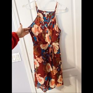 Deep red floral midi length dress